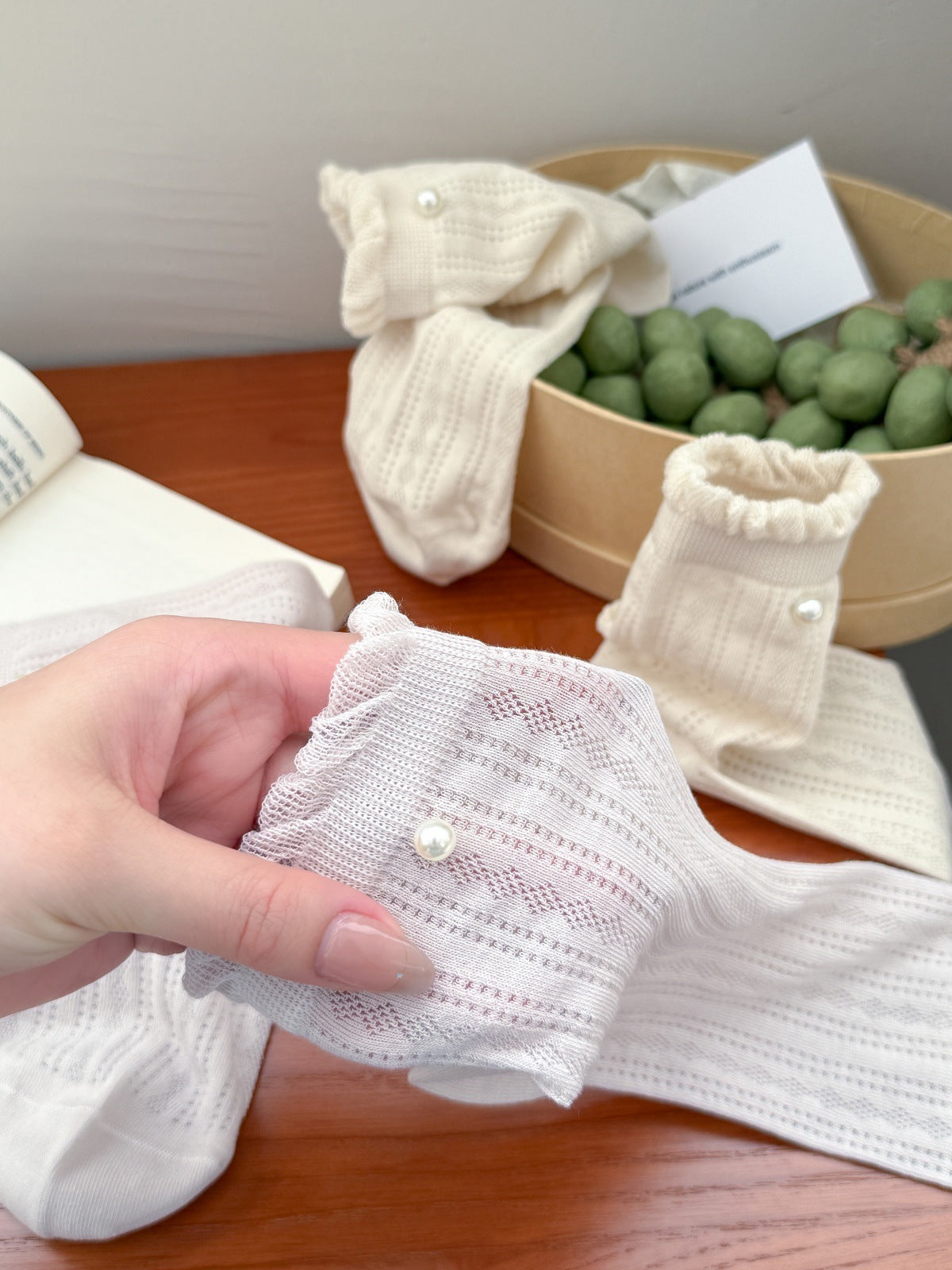 Vintage Coquette Pointelle Mesh Pearl Trim Ruffle Crew Socks - KawaSocks