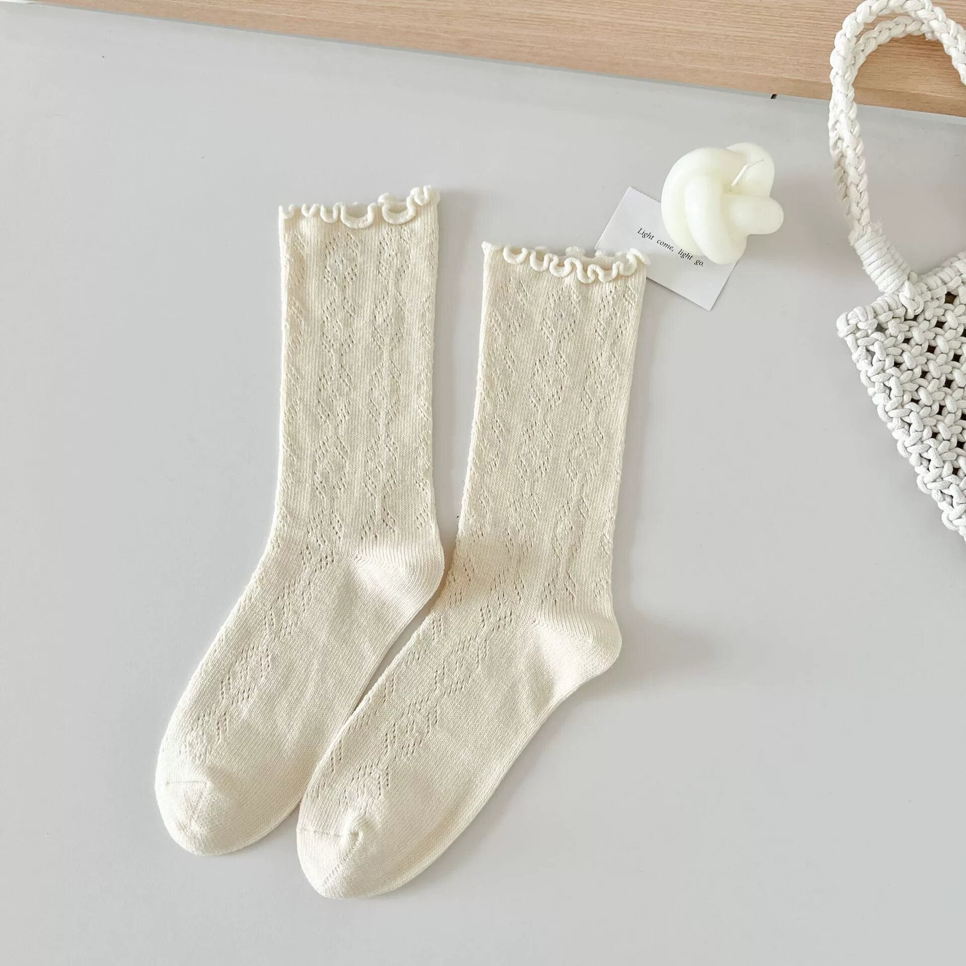 Vintage Mori Girl Pointelle Cotton Lettuce Edge Ruffle Crew Socks - KawaSocks