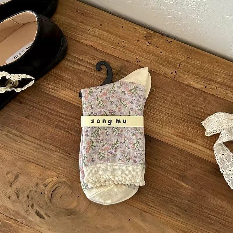 Cottagecore Vintage Soft Cotton Ruffle Edge Ribbon Crew Socks For Romantic Outfits - KawaSocks