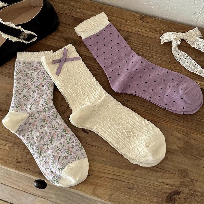 Cottagecore Vintage Soft Cotton Ruffle Edge Ribbon Crew Socks For Romantic Outfits - KawaSocks
