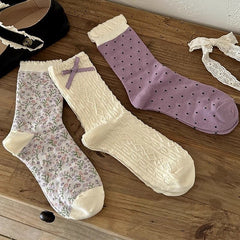 Cottagecore Vintage Soft Cotton Ruffle Edge Ribbon Crew Socks For Romantic Outfits - KawaSocks