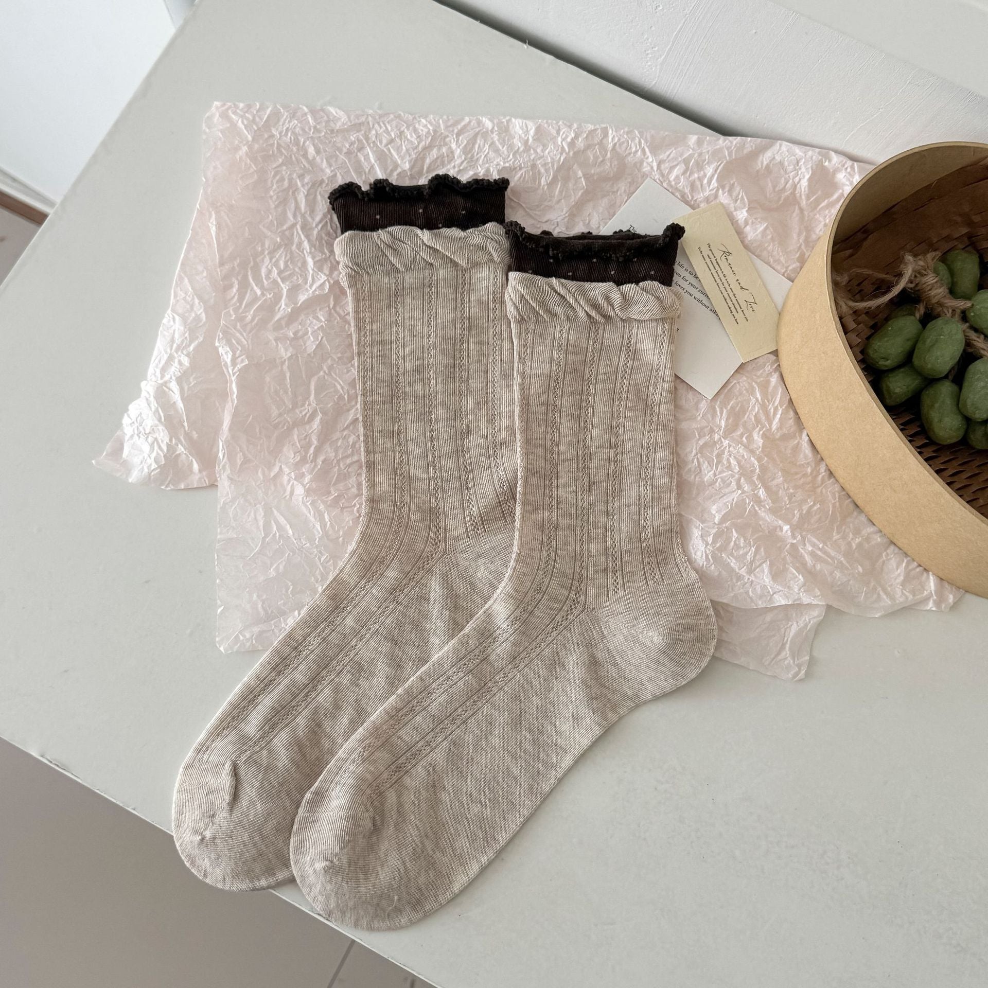 Vintage Cottagecore Pointelle Ribbed Cotton Double Layer Ruffle Crew Socks For Romantic Mori Girl Outfits - KawaSocks