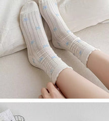 Coquette Kawaii Balletcore Ribbed Cotton Knitted Bow Crew Socks for Romantic Daily Fashion - KawaSocks