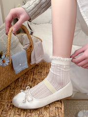 Vintage Coquette Pointelle Mesh Pearl Trim Ruffle Crew Socks - KawaSocks