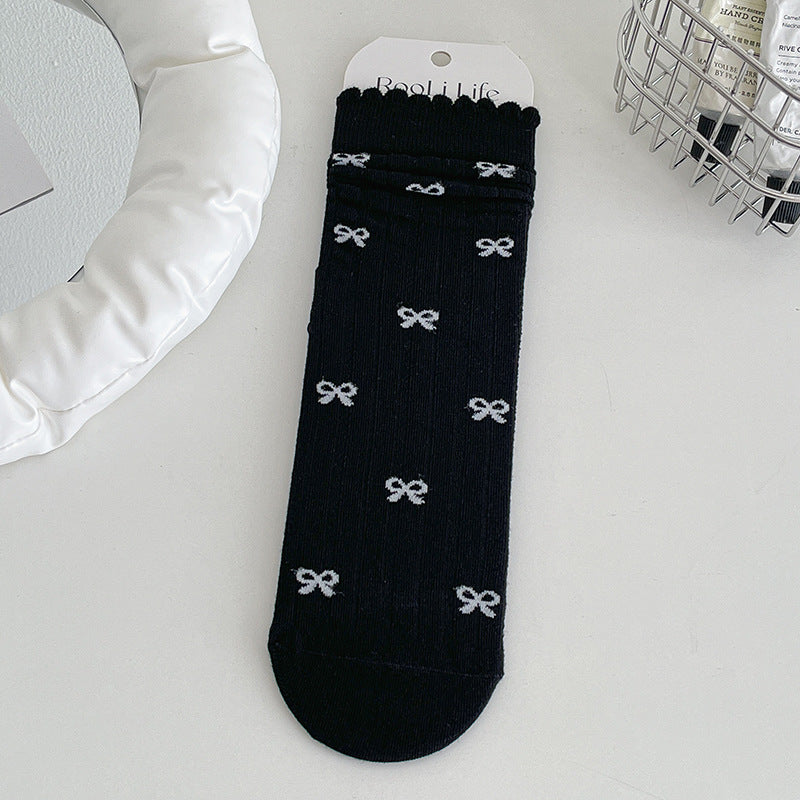 Coquette Kawaii Balletcore Ribbed Cotton Knitted Bow Crew Socks for Romantic Daily Fashion - KawaSocks