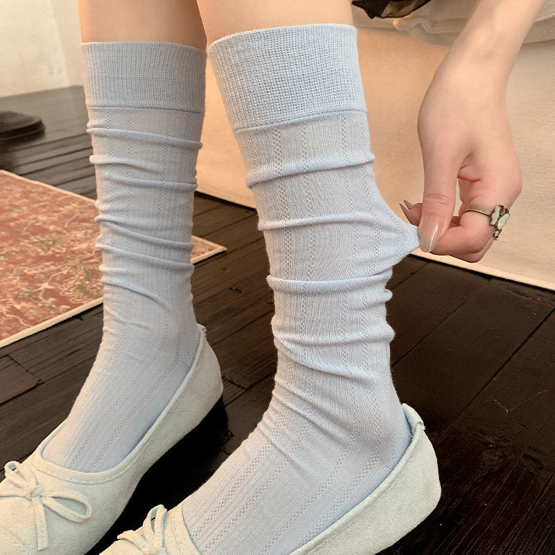 Casual Vintage Ribbed Cotton Pointelle Slouch Crew Socks for Cute Everyday Wear - KawaSocks