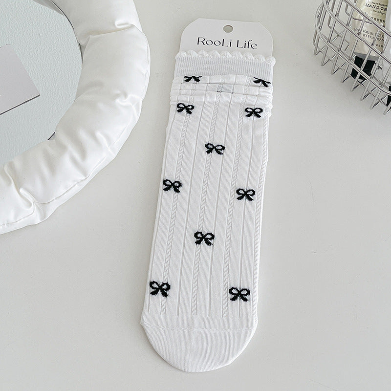 Coquette Kawaii Balletcore Ribbed Cotton Knitted Bow Crew Socks for Romantic Daily Fashion - KawaSocks