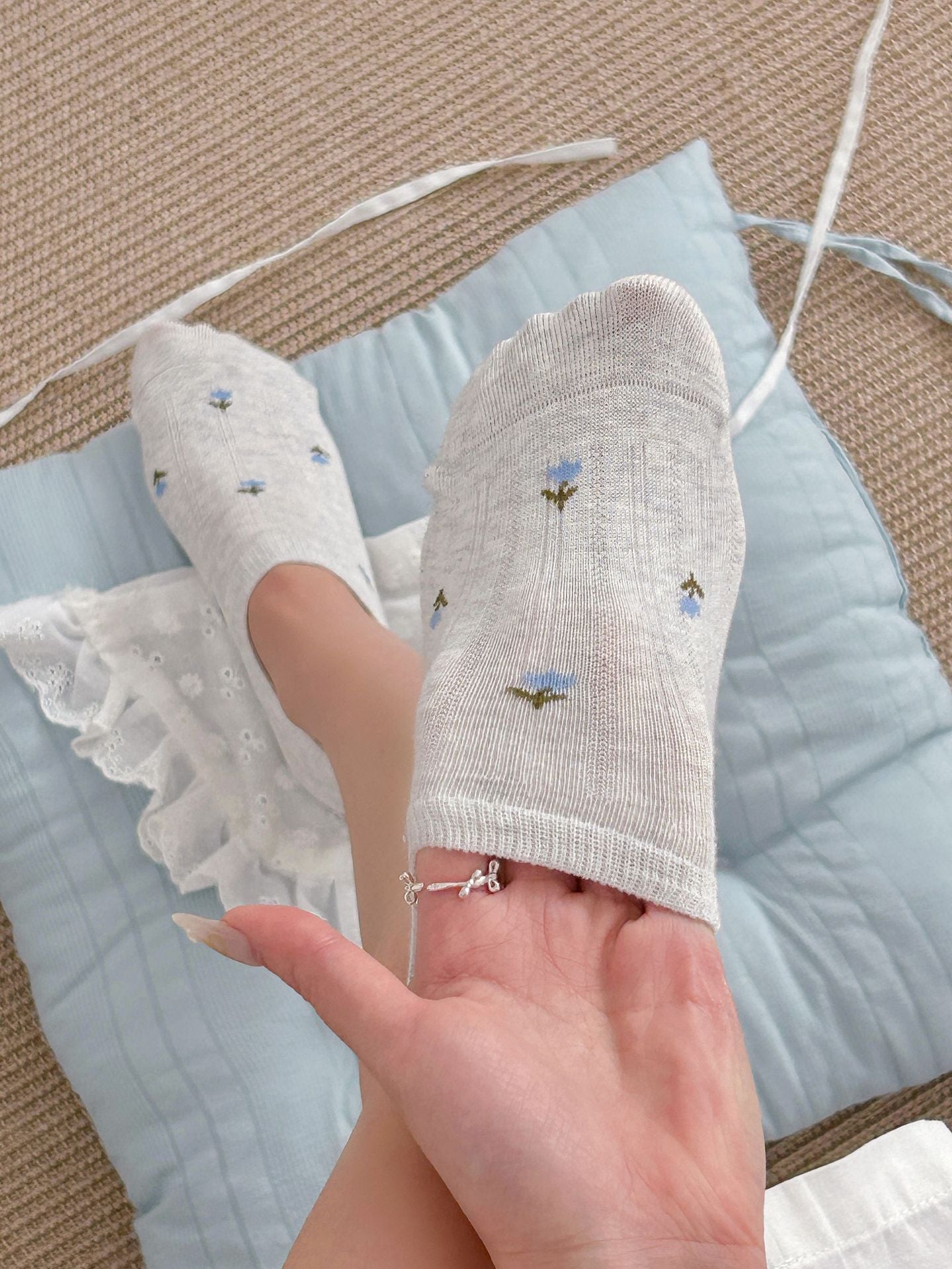 Cottagecore Dainty Floral Ribbed Cotton No Show Socks For Everyday Spring Outfits - KawaSocks