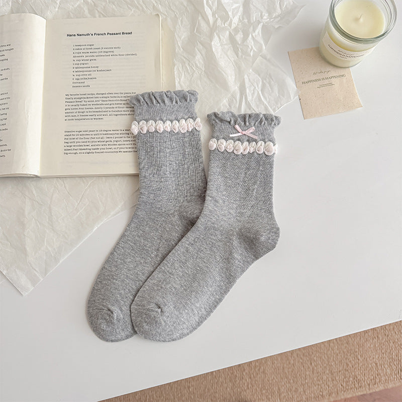 Coquette Romantic Cotton Ruffled Bobble Bow Crew Socks For Sweet Outfits - KawaSocks