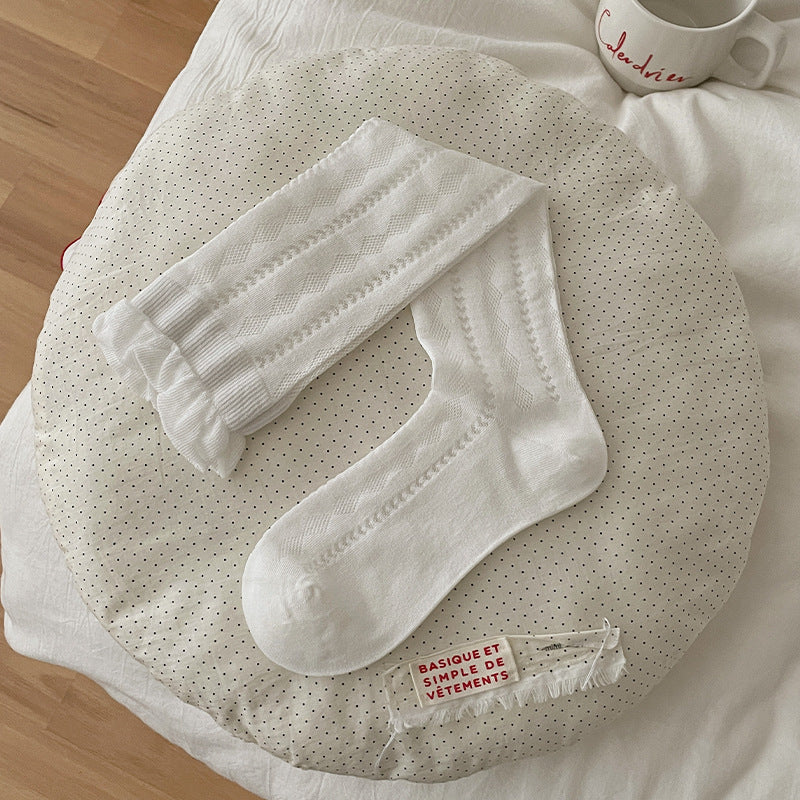 Vintage Coquette Pointelle Cotton Lace Mesh Knee High Socks for Soft Girl Aesthetic - KawaSocks