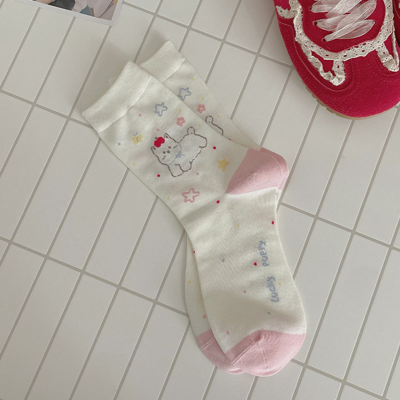 Retro Kawaii Pastel Cotton Lucky Puppy Crew Socks Set for Preppy Styling - KawaSocks
