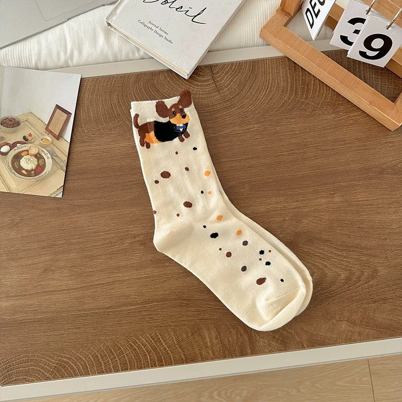 Playful Dachshund Puppy Print Soft Cotton Crew Socks for Casual Everyday Outfits - KawaSocks