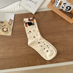 Playful Dachshund Puppy Print Soft Cotton Crew Socks for Casual Everyday Outfits - KawaSocks