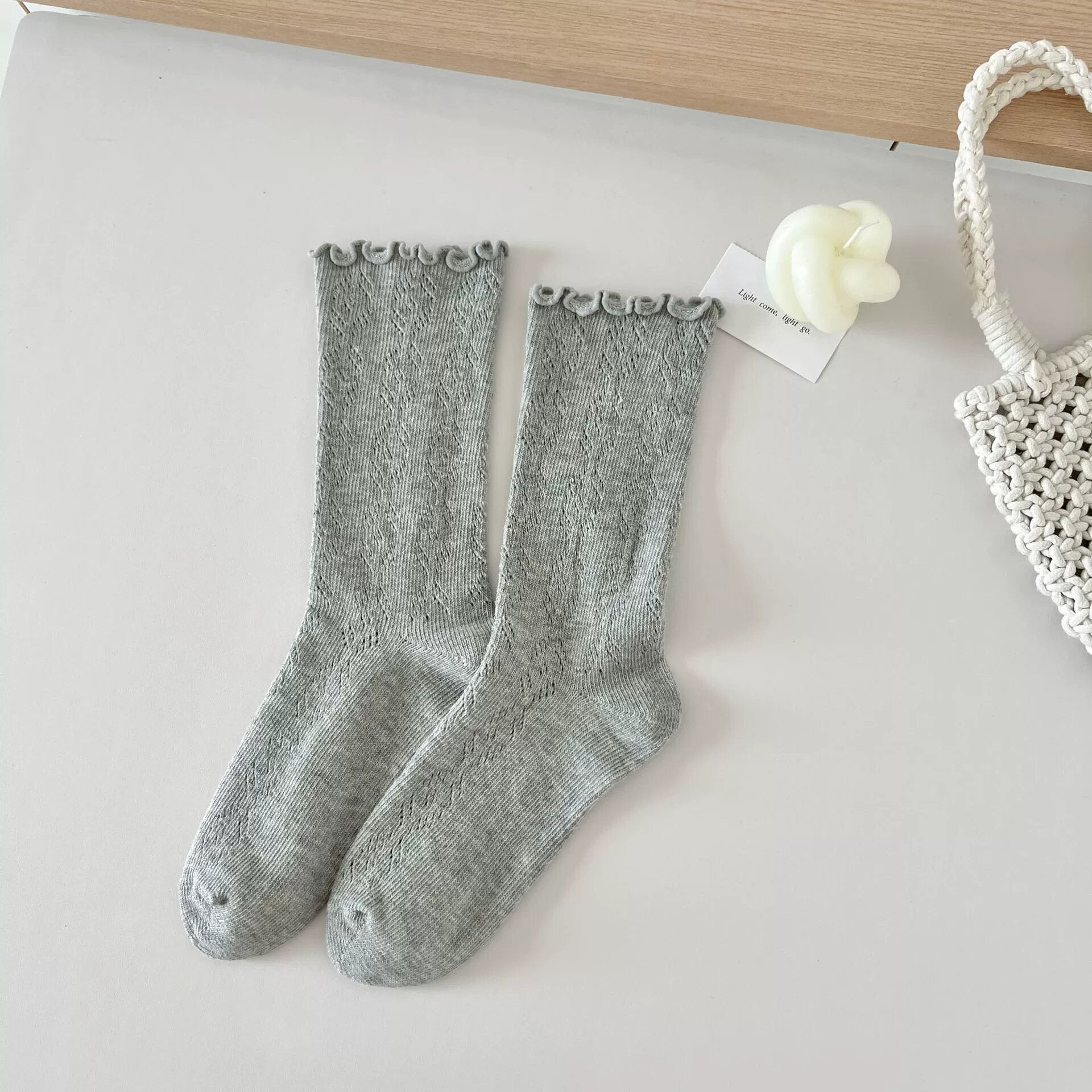 Vintage Mori Girl Pointelle Cotton Lettuce Edge Ruffle Crew Socks - KawaSocks