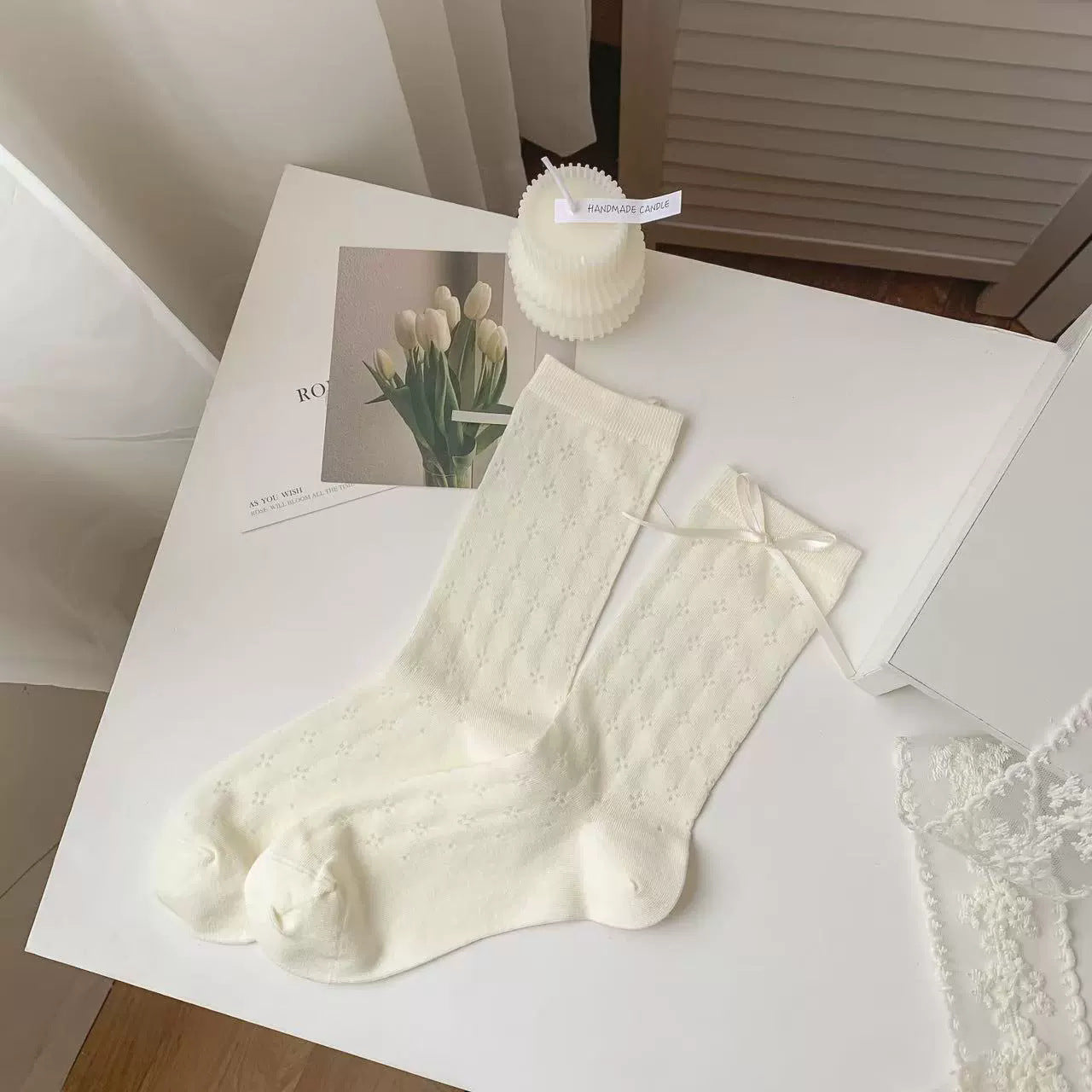Romantic Coquette Cream Cotton Heart Pointelle Crew Socks with Satin Bows - KawaSocks