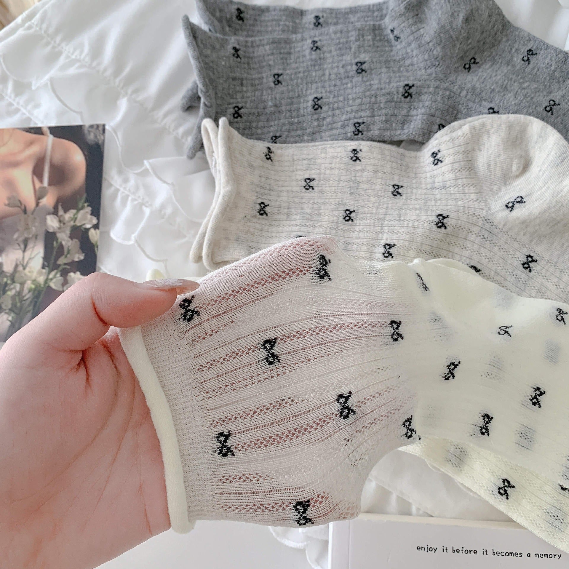 Coquette Aesthetic Sheer Mesh Pointelle Mini Bow Crew Socks - KawaSocks