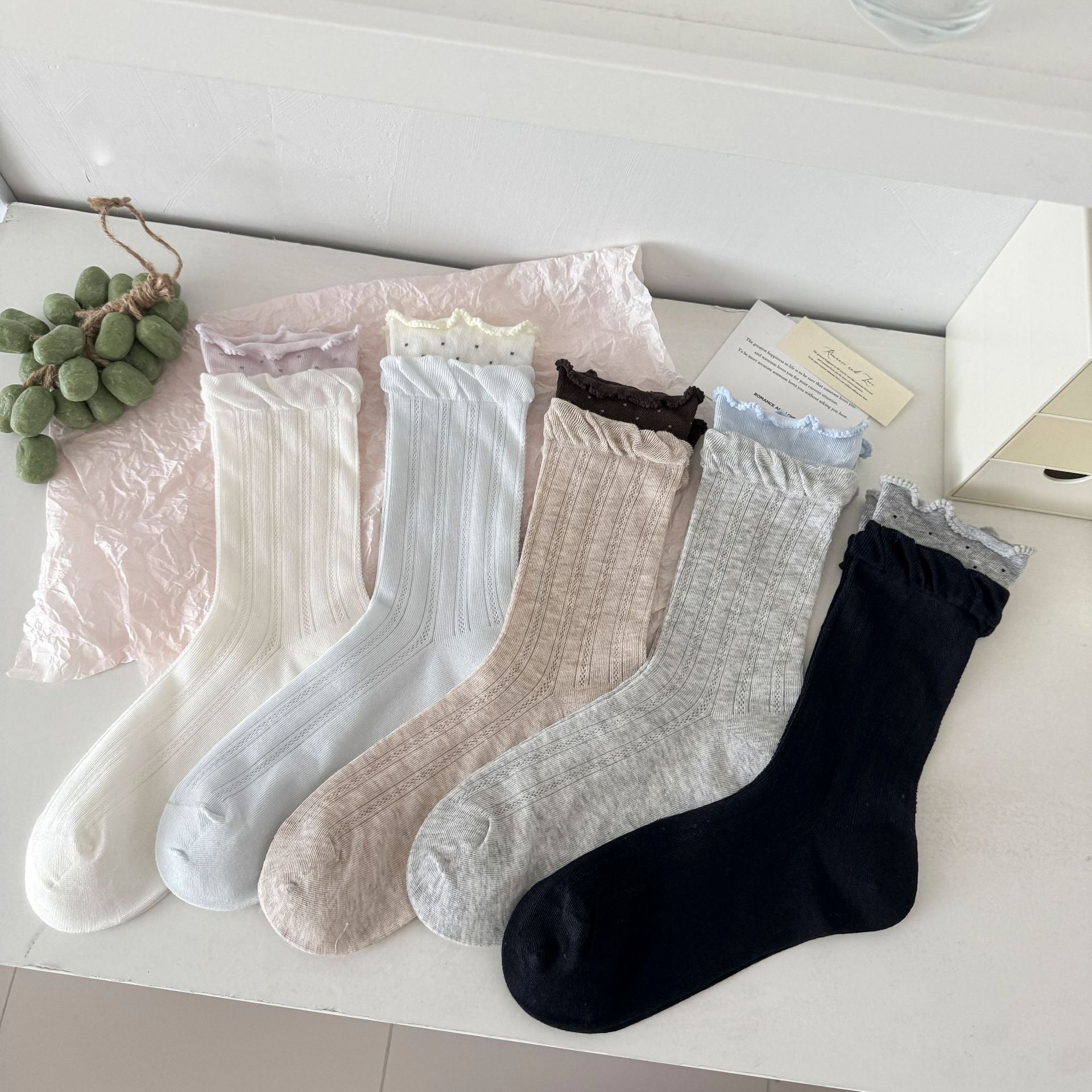 Vintage Cottagecore Pointelle Ribbed Cotton Double Layer Ruffle Crew Socks For Romantic Mori Girl Outfits - KawaSocks