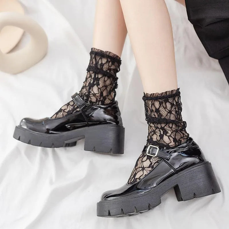 One Pair of Nylon Mesh Socks With Lace | Lolita & Gothic Socks - KawaSocks