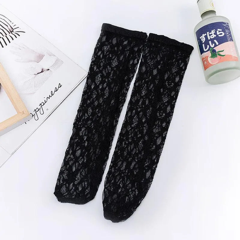 One Pair of Nylon Mesh Socks With Lace | Lolita & Gothic Socks - KawaSocks