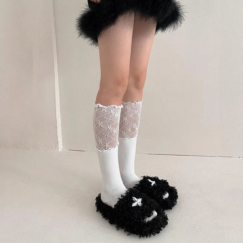 Plain Lace Ruffle Knee High Socks, Gothic Highsocks - KawaSocks