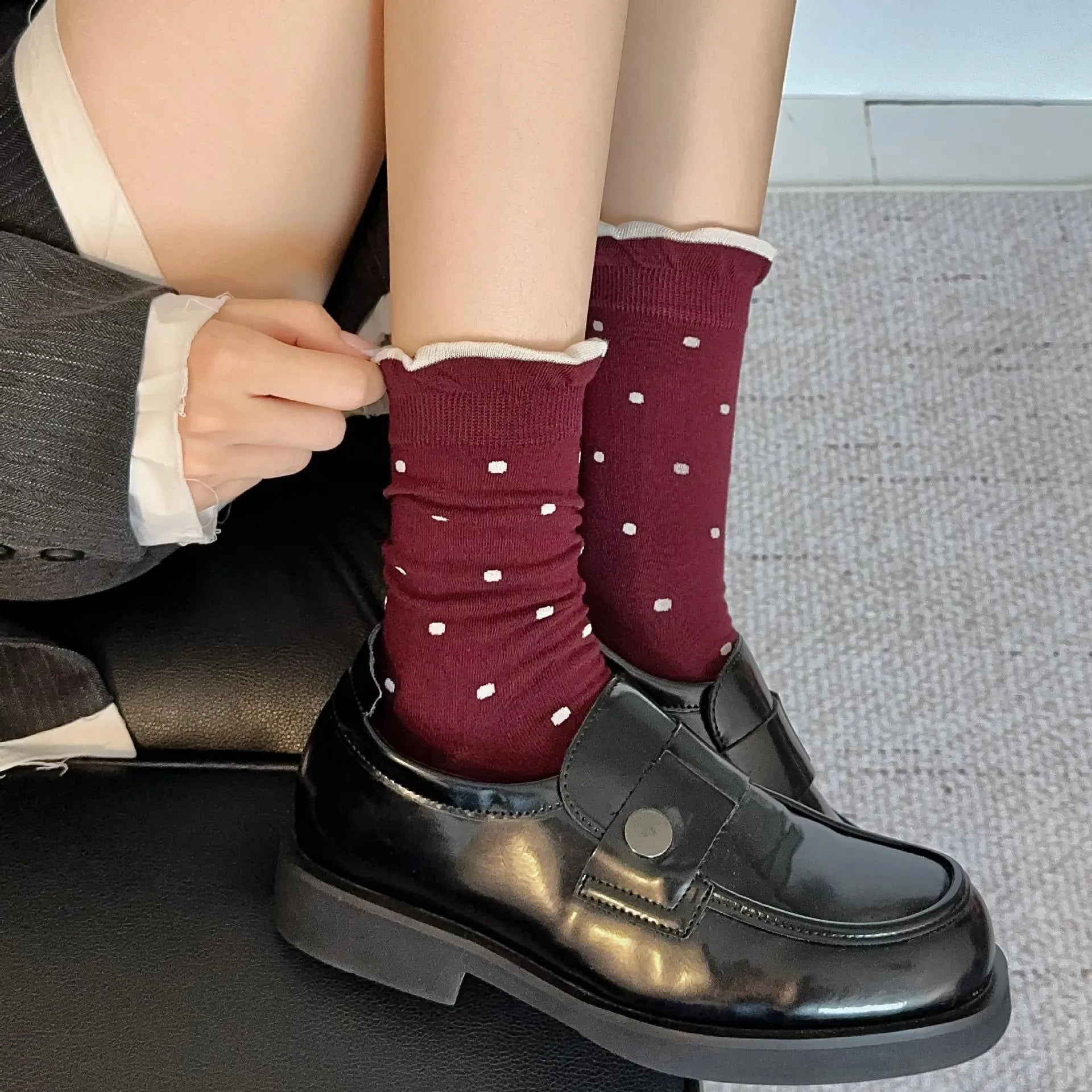 Polka Dot Socks With Ruffle | Frilly Crew Socks | Cute Outfits - KawaSocks