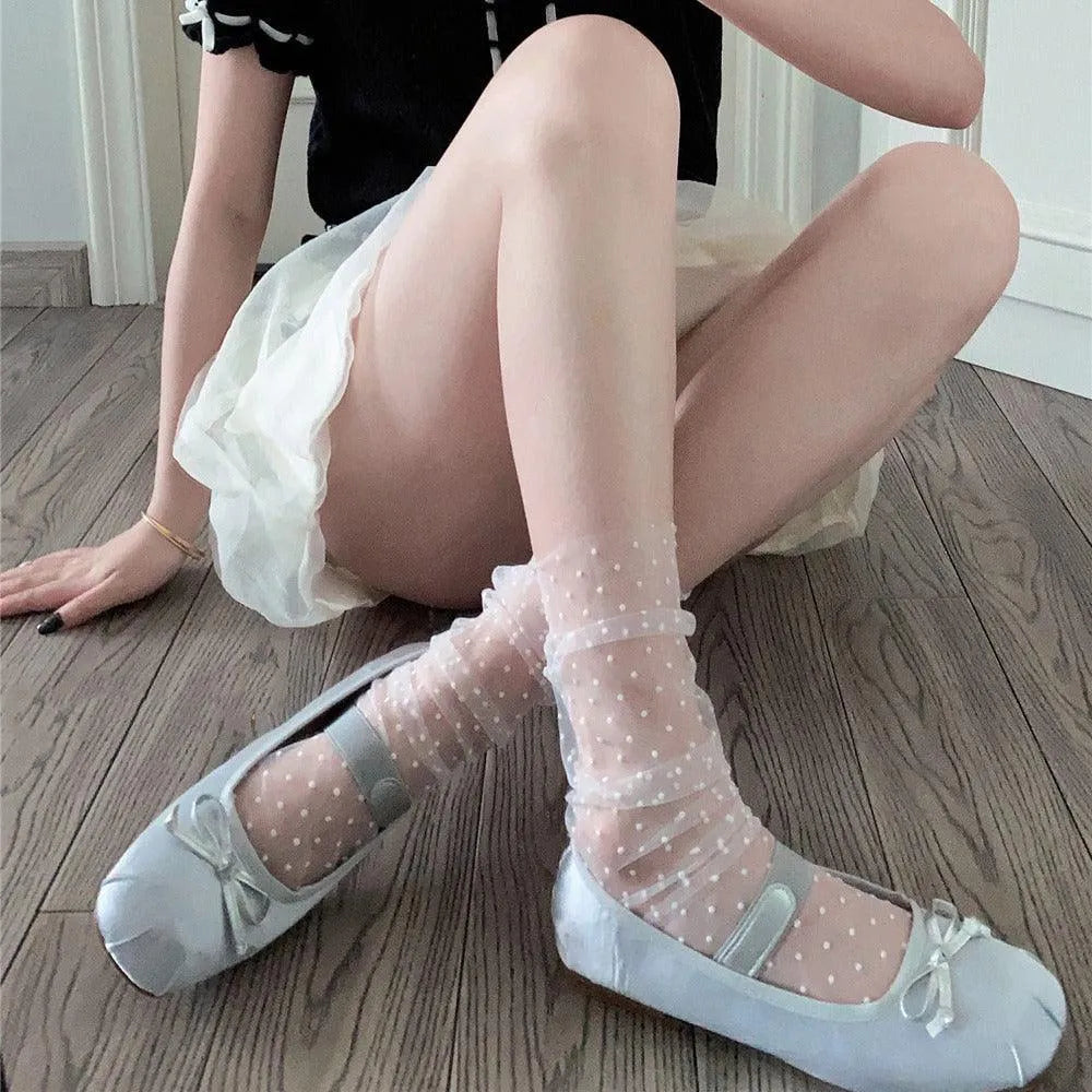 Polka Dot Socks | Transparent Socks | Sheer Crew Socks - KawaSocks