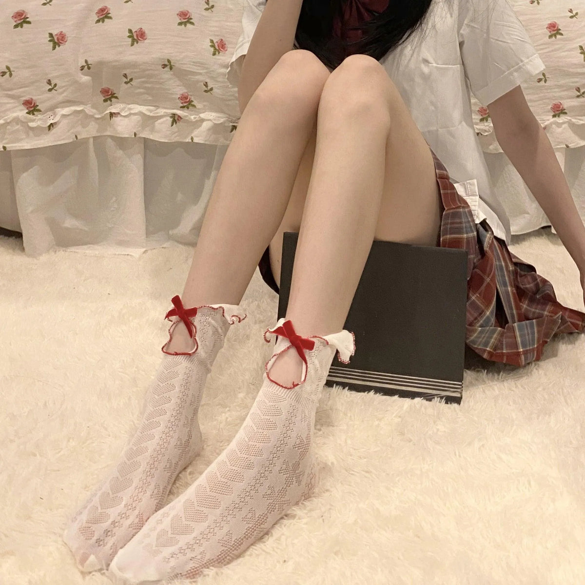 Ruffle socks with Lace | Lace Ankle Socks with Red Ribbon - KawaSocks