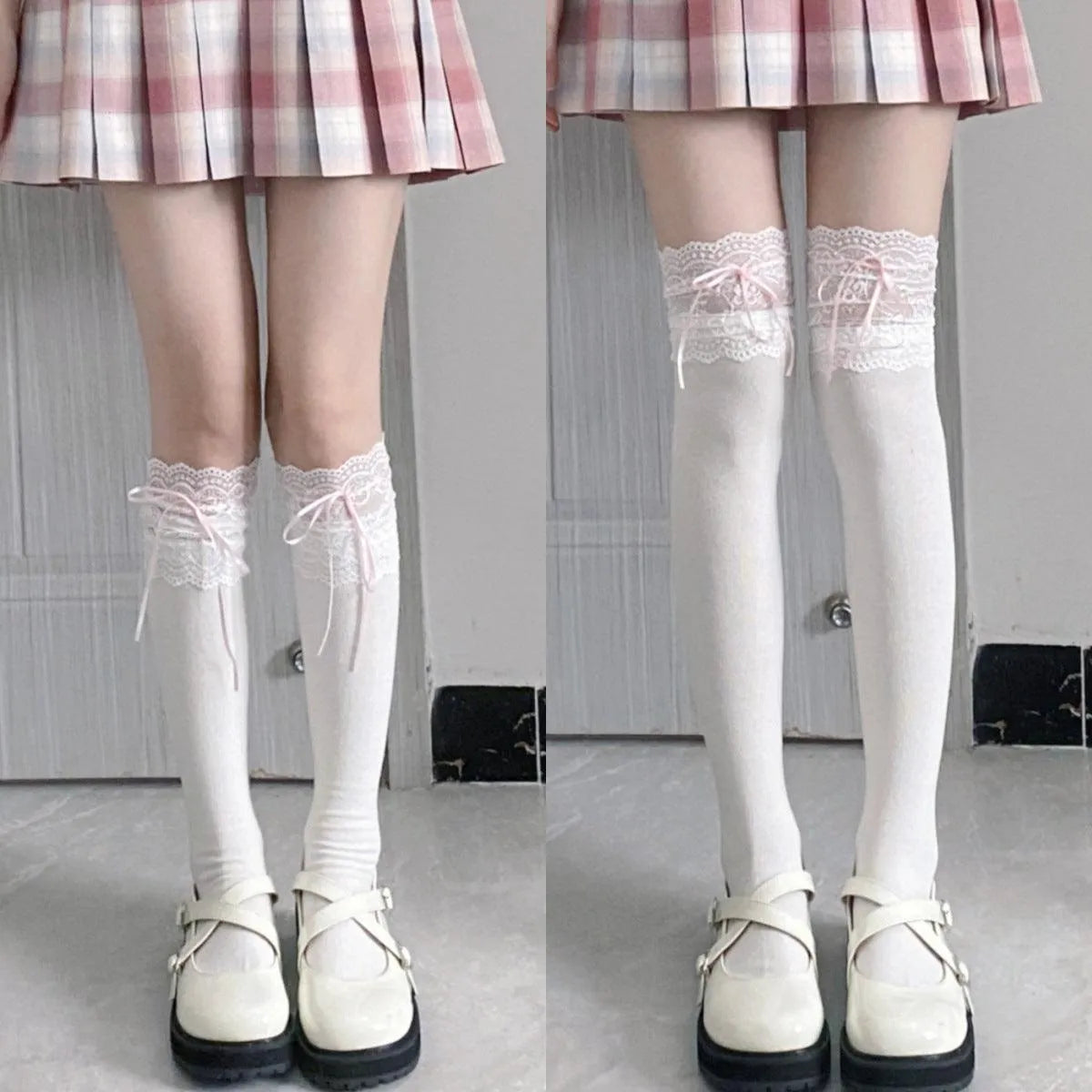 White Lolita Socks with Ribbon | Trim Knee High Stockings - KawaSocks