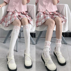 White Lolita Socks with Ribbon | Trim Knee High Stockings - KawaSocks