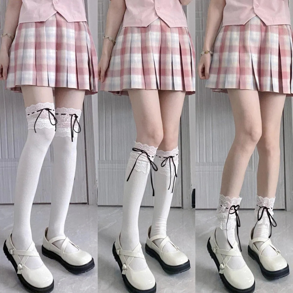 White Lolita Socks with Ribbon | Trim Knee High Stockings - KawaSocks