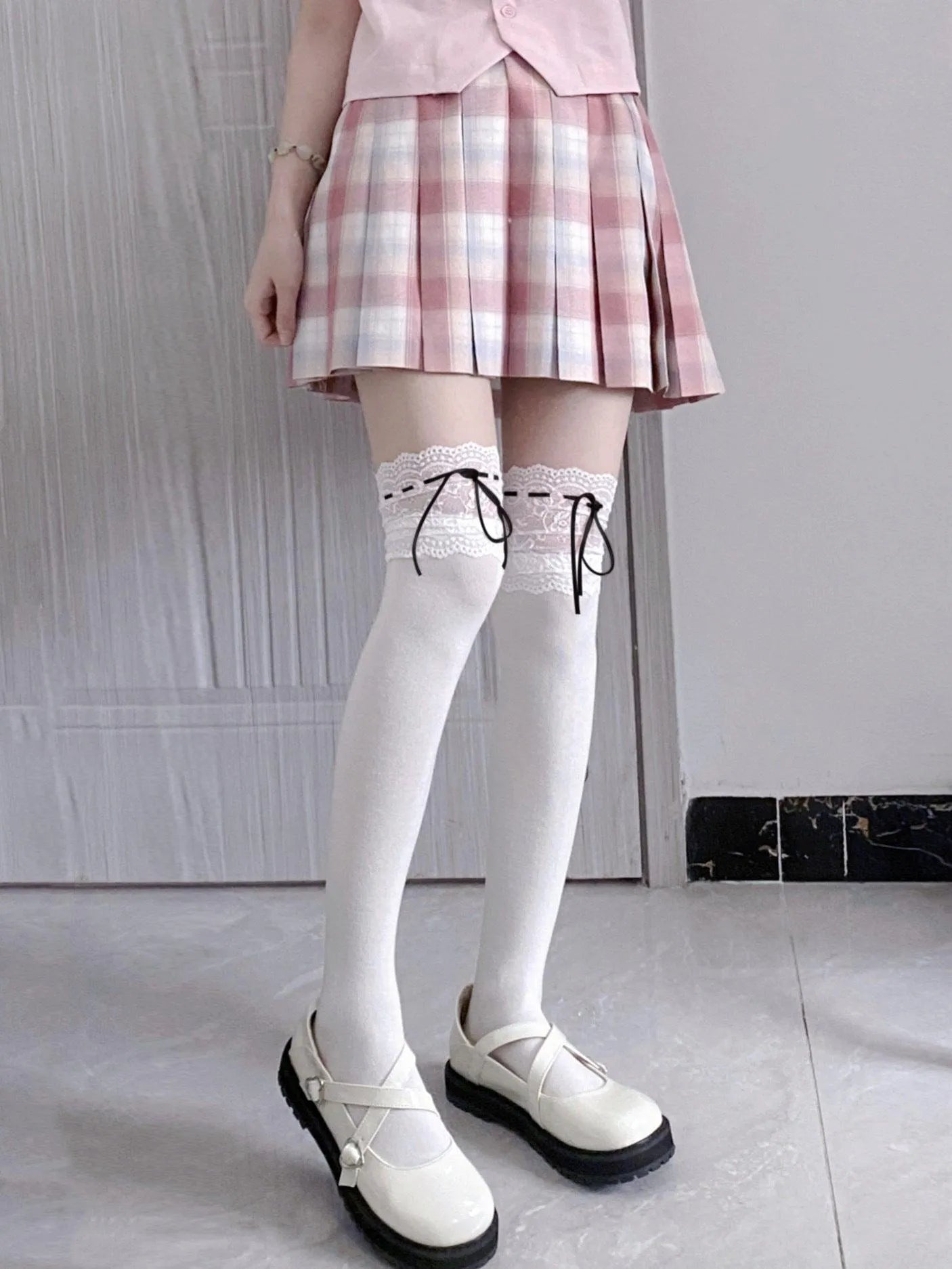 White Lolita Socks with Ribbon | Trim Knee High Stockings - KawaSocks