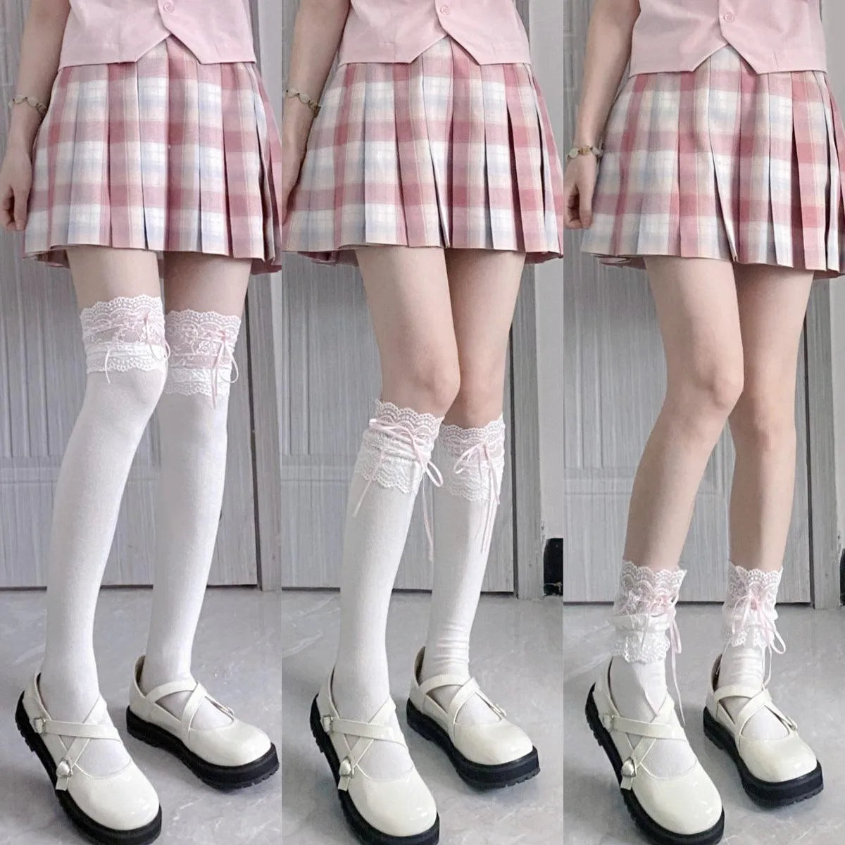 White Lolita Socks with Ribbon | Trim Knee High Stockings - KawaSocks