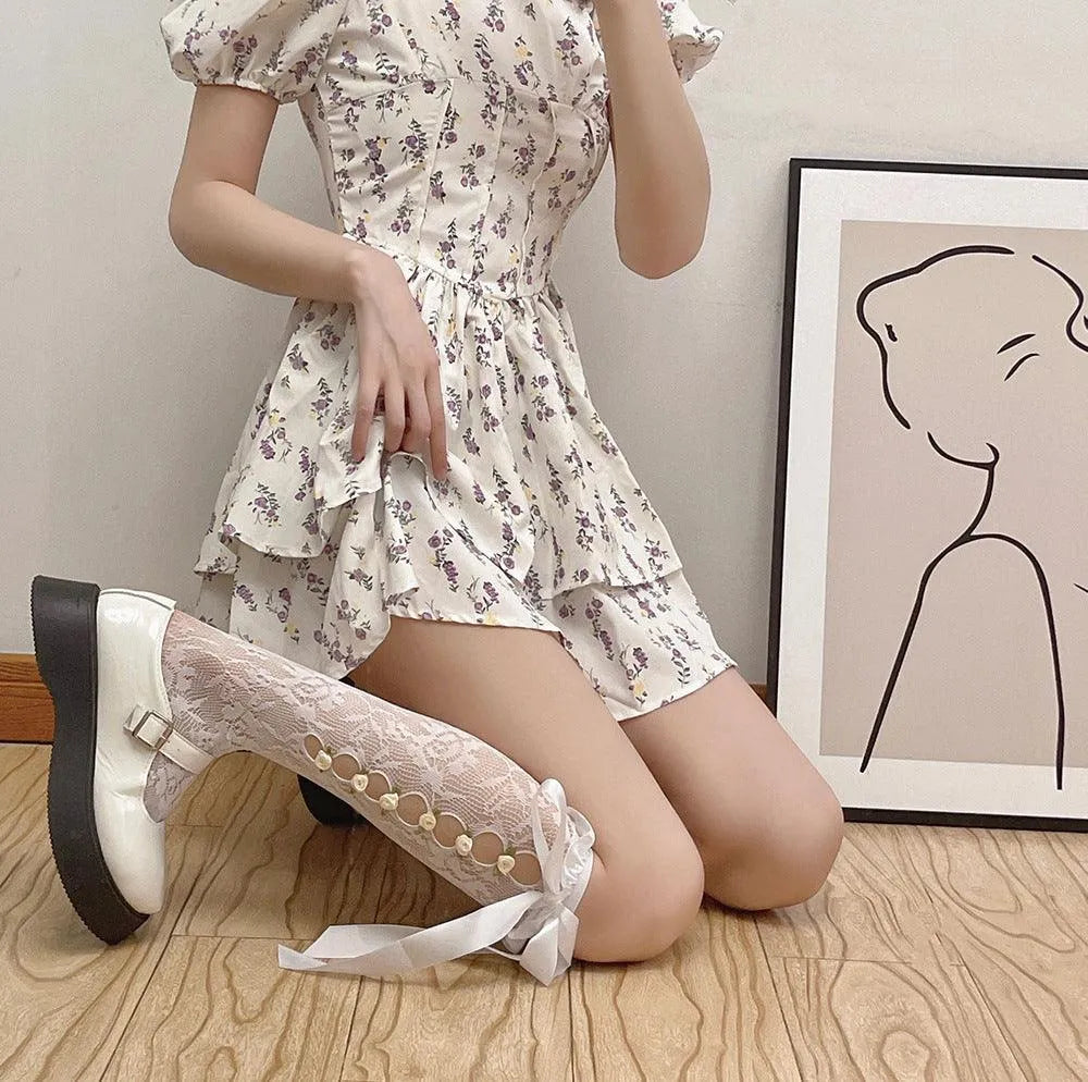 Cutout Lolita Knee High Socks With Ribbon and Flower | Lolita Outfits - KawaSocks