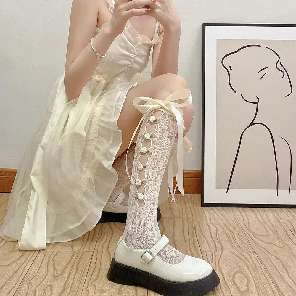 Cutout Lolita Knee High Socks With Ribbon and Flower | Lolita Outfits - KawaSocks