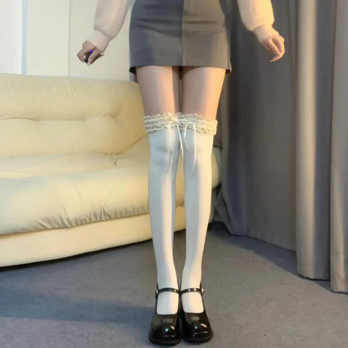 Lace Socks with Ruffle | Knee Highs Frilly Socks - KawaSocks
