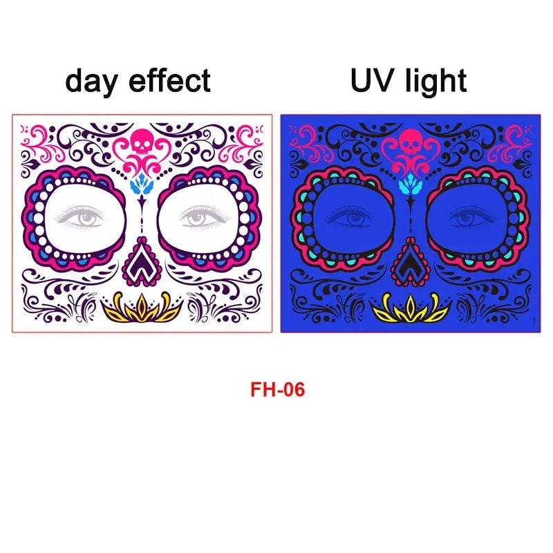 Day of the Dead Halloween Tattoo Fluorescent Waterproof Temporary Face Stickers Makeup Dress Up Decoration for Party Festival - KawaSocks