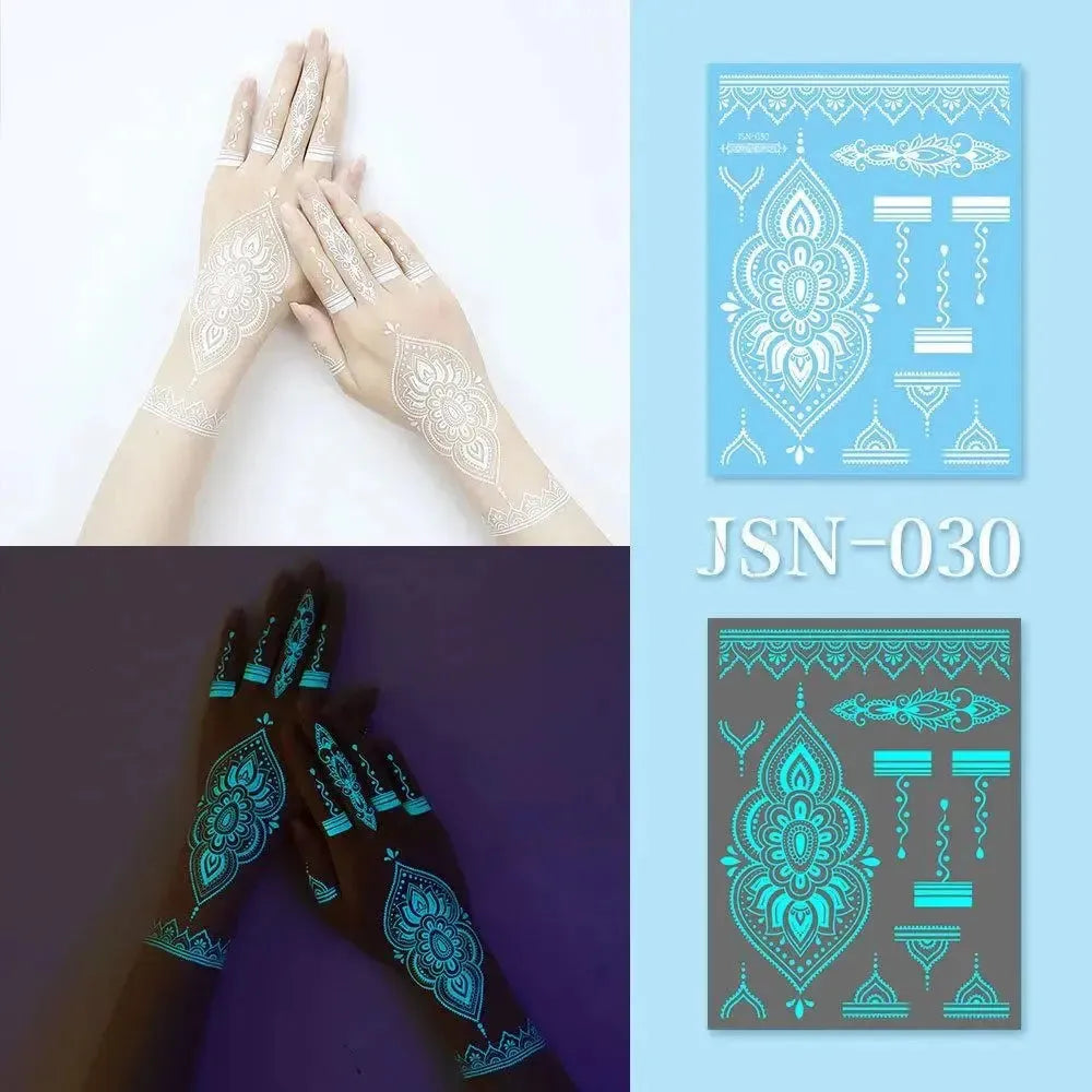 Blue Glow Henna Tattoo Sticker Lasting Waterproof Fake Lace Tattoos Sweatproof Glow in the Dark Luminous Temporary Tattoos - KawaSocks