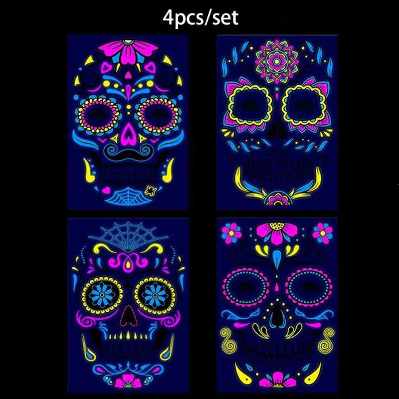 Day of the Dead Halloween Tattoo Fluorescent Waterproof Temporary Face Stickers Makeup Dress Up Decoration for Party Festival - KawaSocks