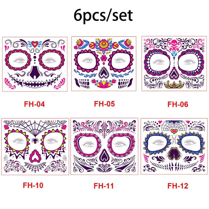 Day of the Dead Halloween Tattoo Fluorescent Waterproof Temporary Face Stickers Makeup Dress Up Decoration for Party Festival - KawaSocks