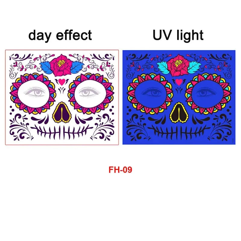 Day of the Dead Halloween Tattoo Fluorescent Waterproof Temporary Face Stickers Makeup Dress Up Decoration for Party Festival - KawaSocks