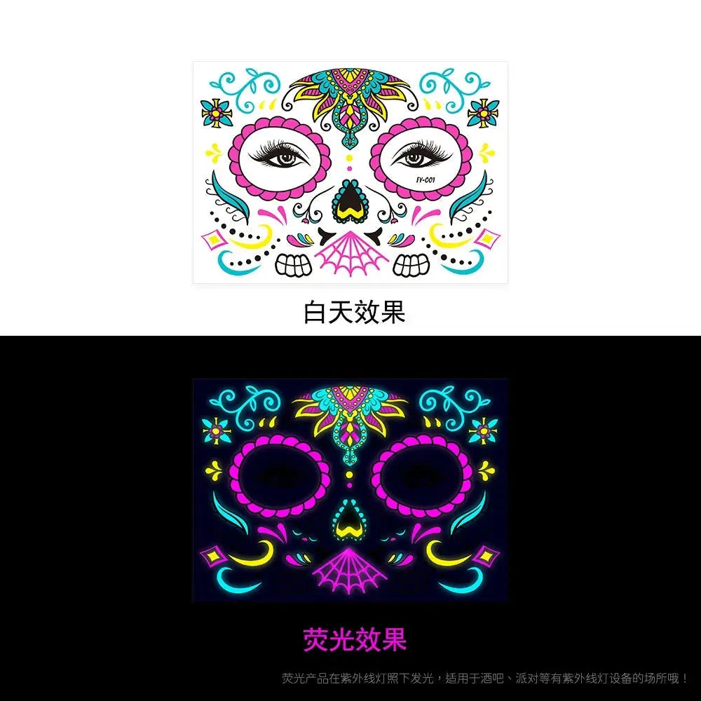 Waterproof Temporary Tattoo Sticker Halloween Fluorescent Flower Funny Face Flash Tatto Fake Tatoo for Women Men - KawaSocks