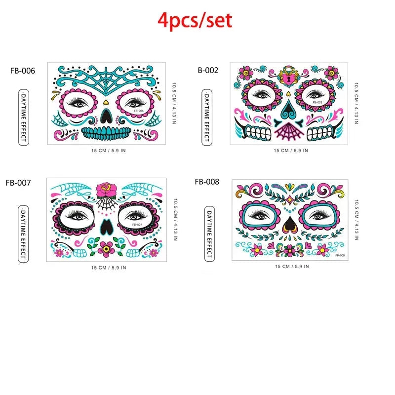 Day of the Dead Halloween Tattoo Fluorescent Waterproof Temporary Face Stickers Makeup Dress Up Decoration for Party Festival - KawaSocks