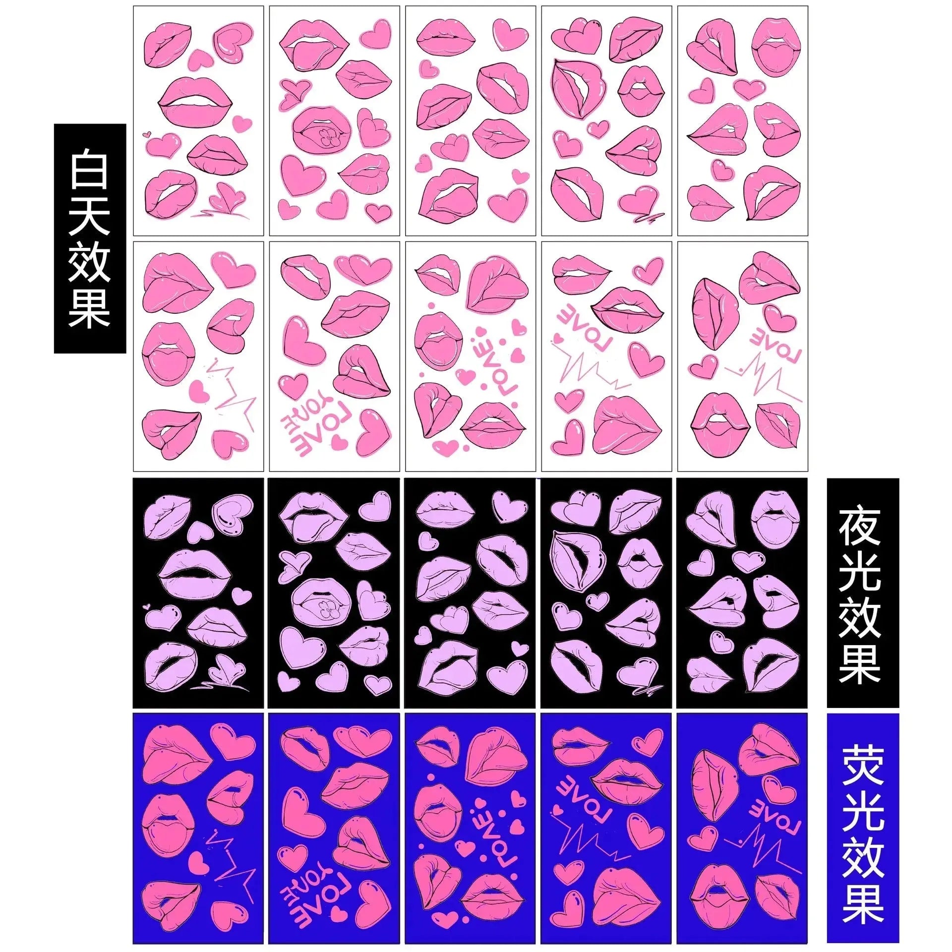 10Pc Pink Heart Bow Designs Glow In The Dark Tattoos Sticker Fluorescence Waterproof Slider Wedding Valentine Body Face Decal* - KawaSocks