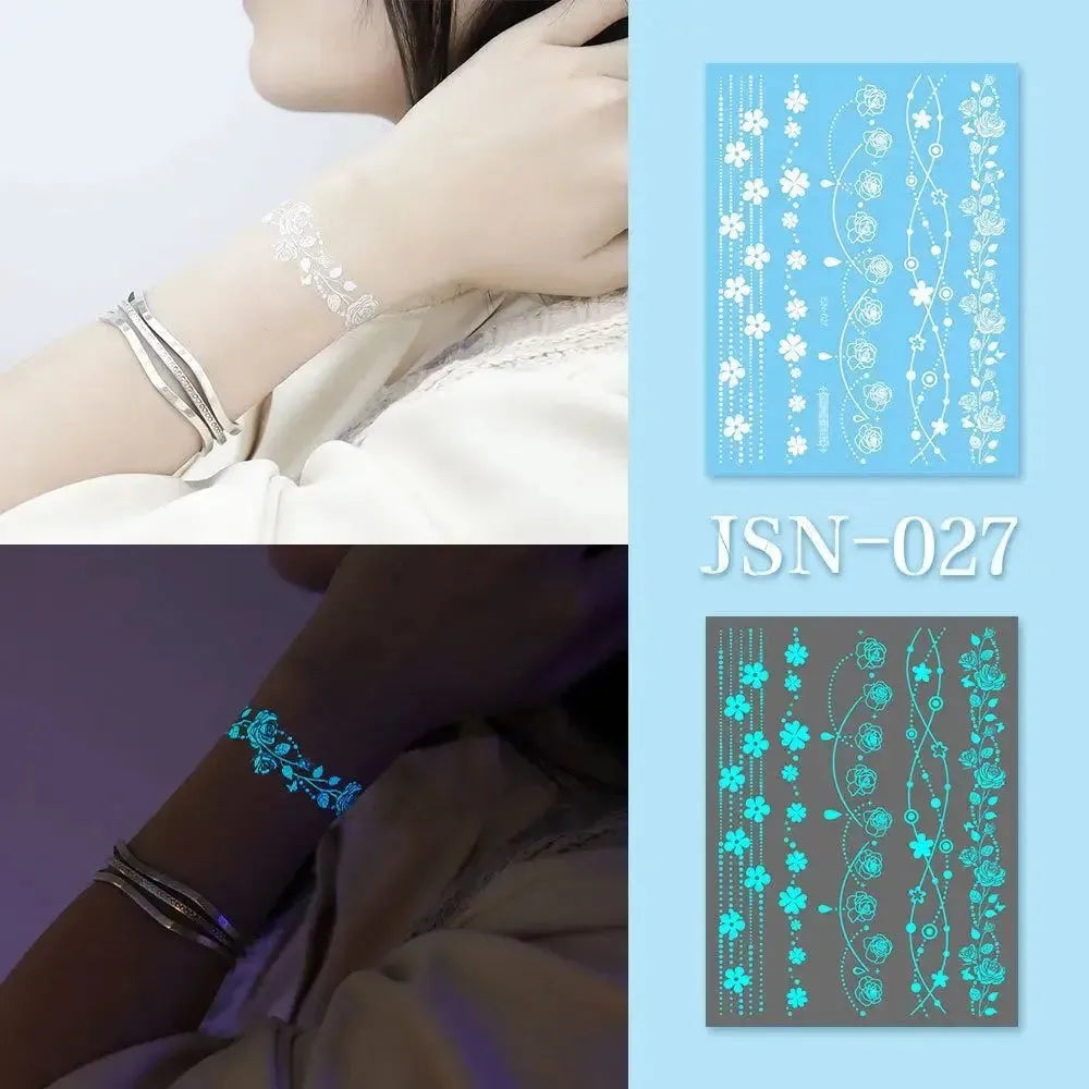 Blue Glow Henna Tattoo Sticker Lasting Waterproof Fake Lace Tattoos Sweatproof Glow in the Dark Luminous Temporary Tattoos - KawaSocks