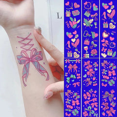 10Pc Pink Heart Bow Designs Glow In The Dark Tattoos Sticker Fluorescence Waterproof Slider Wedding Valentine Body Face Decal* - KawaSocks