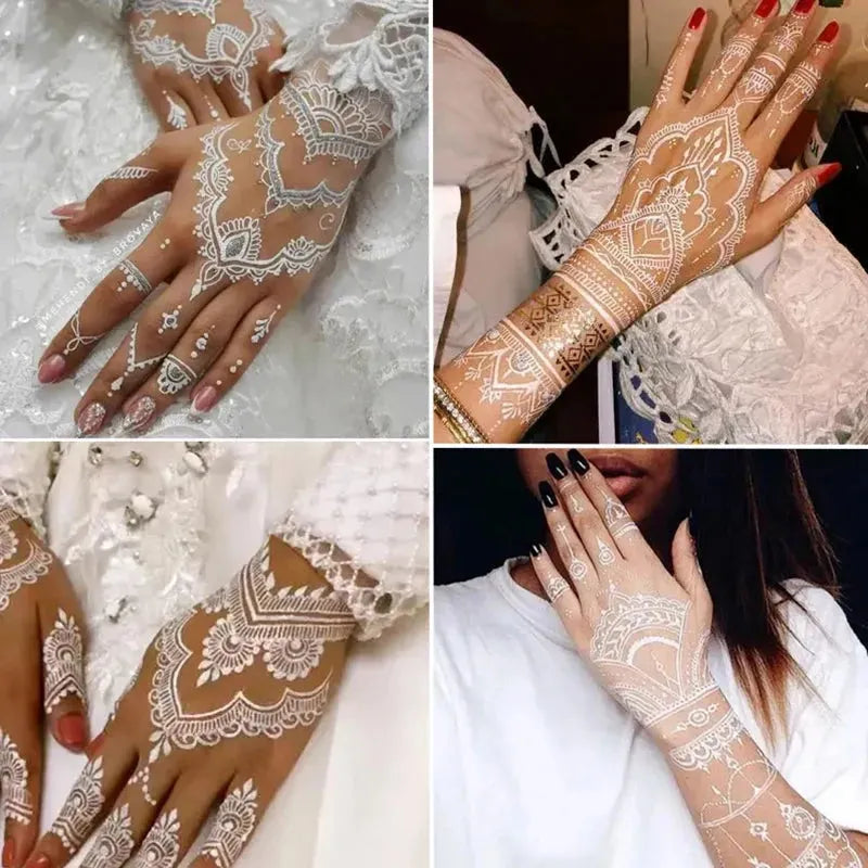 White Lace Jewelry Temporary Tattoo Sticker Waterproof Indian Henna Tattoo Body Art Tattoo Sticker Bride Wedding Lace Flower - KawaSocks