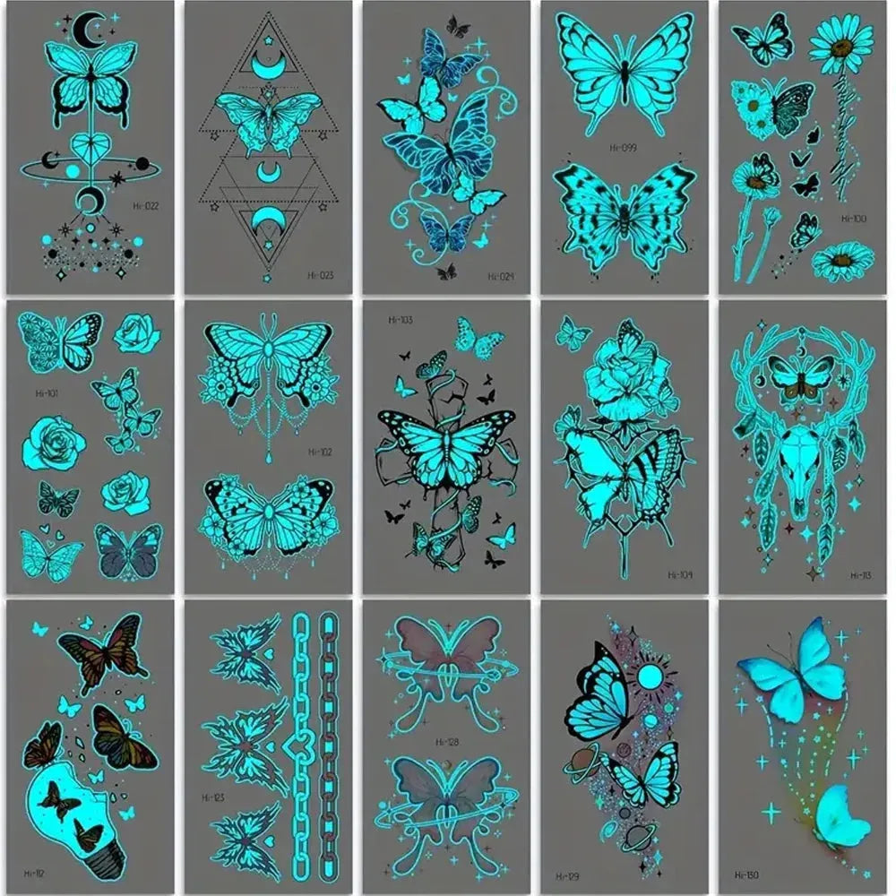 15pcs Blue Luminous Butterfly Waterproof Temporary Tattoo Sticker Wing Feather Deer Flower Ins Style Pattern Fake Tato Women Men - KawaSocks