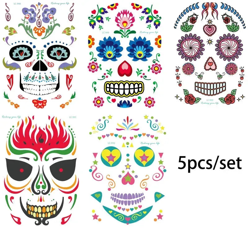 Day of the Dead Halloween Tattoo Fluorescent Waterproof Temporary Face Stickers Makeup Dress Up Decoration for Party Festival - KawaSocks