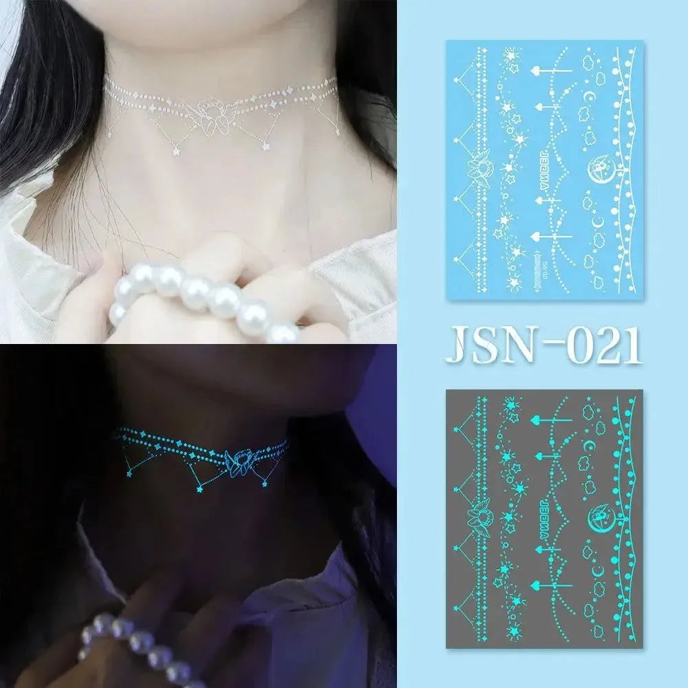 Blue Glow Henna Tattoo Sticker Lasting Waterproof Fake Lace Tattoos Sweatproof Glow in the Dark Luminous Temporary Tattoos - KawaSocks