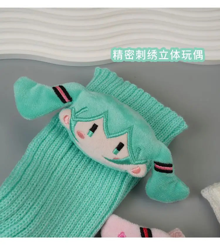 Hatsune Miku Green Knitted Pile Socks Mid-tube Autumn/winter Cute Pink Personality Doll Calf Cover